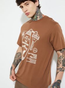 Mens Round Neck Brown Cotton Printed T-Shirt