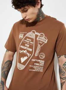 Mens Round Neck Brown Cotton Printed T-Shirt