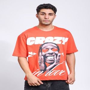 Crazy in Love Print Mens Orange Cotton Oversized T-Shirt
