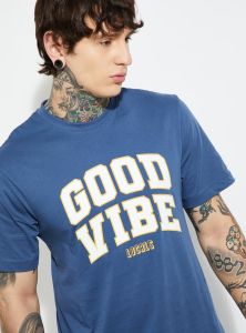 Mens Deep Blue Round Neck Cotton Printed T-Shirt
