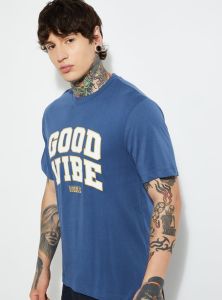 Mens Deep Blue Round Neck Cotton Printed T-Shirt