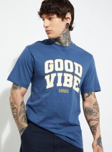 Mens Deep Blue Round Neck Cotton Printed T-Shirt