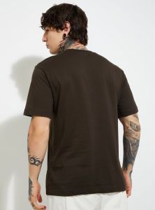 Mens Deep Brown Round Neck Cotton Printed T-Shirt