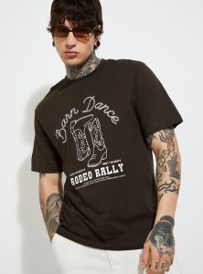 Mens Deep Brown Round Neck Cotton Printed T-Shirt