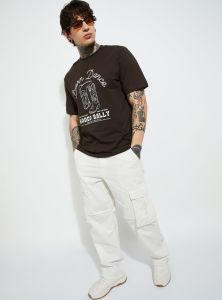 Mens Deep Brown Round Neck Cotton Printed T-Shirt