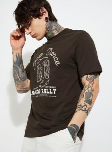Mens Deep Brown Round Neck Cotton Printed T-Shirt