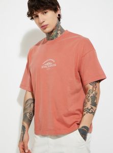 Mens Printed Light Red Cotton Round Neck T-Shirt