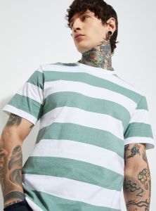 Mens Green Striped Round Neck Cotton T-Shirt