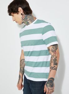 Mens Green Striped Round Neck Cotton T-Shirt