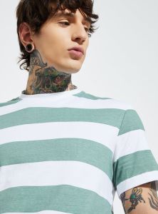 Mens Green Striped Round Neck Cotton T-Shirt