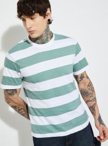 Mens Green Striped Round Neck Cotton T-Shirt