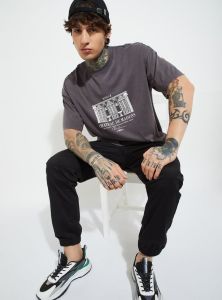 Mens Grey Cotton Round Neck Printed T-Shirt