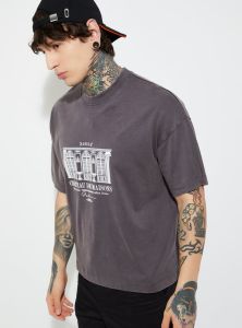 Mens Grey Cotton Round Neck Printed T-Shirt