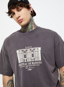 Mens Grey Cotton Round Neck Printed T-Shirt