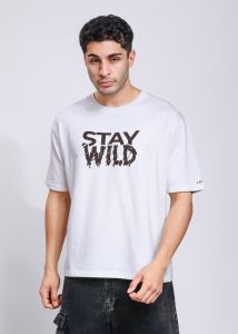 Stay Wild Printed Mens White Oversized T-Shirt