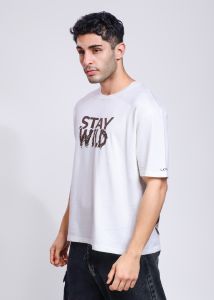 Stay Wild Printed Mens White Oversized T-Shirt