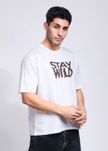 Stay Wild Printed Mens White Oversized T-Shirt