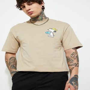 Mens Beige Round Neck Cotton Printed T-Shirt