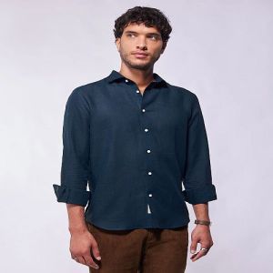 Mens Deep Blue Cotton Linen Shirt