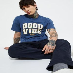 Mens Deep Blue Round Neck Cotton Printed T-Shirt