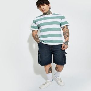 Mens Green Striped Round Neck Cotton T-Shirt