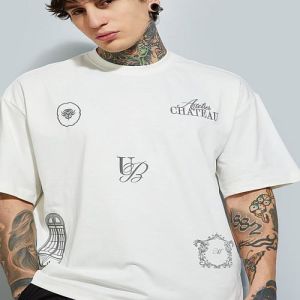 Mens Off White Round Neck Cotton Printed T-Shirt
