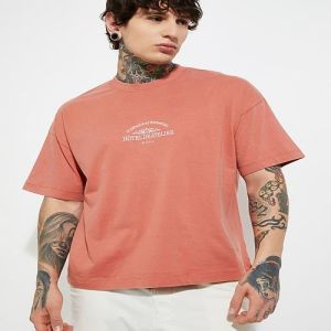 Mens Printed Light Red Cotton Round Neck T-Shirt