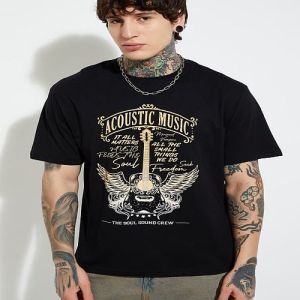 Mens Round Neck Black Cotton Printed T-Shirt