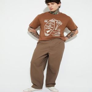 Mens Round Neck Brown Cotton Printed T-Shirt