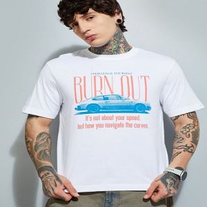Mens White Burnout Pritned Cotton Round Neck T-Shirt