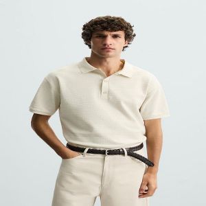 Mens White Jacquard Cotton Polo T-Shirt
