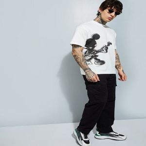Mens White Mickey Printed Cotton Round Neck T-shirt
