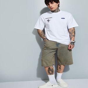 Mens White Mustang Printed Cotton Round Neck T-shirt