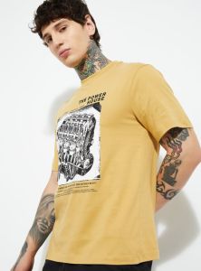 Mens Mustard Round Neck Cotton Printed T-Shirt
