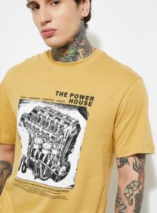 Mens Mustard Round Neck Cotton Printed T-Shirt