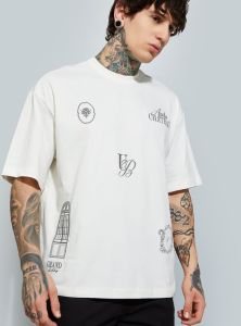 Mens Off White Round Neck Cotton Printed T-Shirt