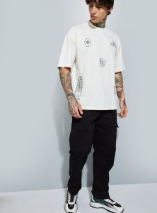 Mens Off White Round Neck Cotton Printed T-Shirt