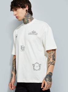 Mens Off White Round Neck Cotton Printed T-Shirt