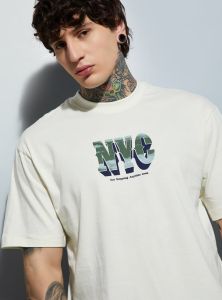 Mens White Cotton Round Neck Printed T-Shirt
