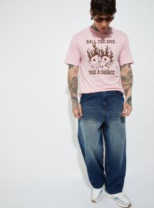 Mens Light Pink Cotton Round Neck Printed T-Shirt