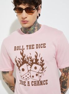 Mens Light Pink Cotton Round Neck Printed T-Shirt