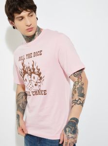 Mens Light Pink Cotton Round Neck Printed T-Shirt