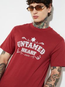 Mens Red Cotton Round Neck Printed T-Shirt