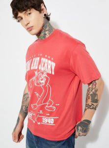 Mens Red Toma Nd Jerry Pritned Cotton Round Neck T-Shirt