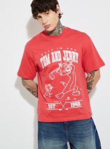 Mens Red Toma Nd Jerry Pritned Cotton Round Neck T-Shirt