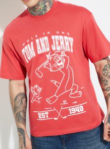 Mens Red Toma Nd Jerry Pritned Cotton Round Neck T-Shirt