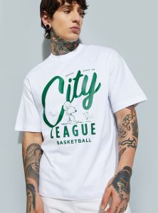 Mens White and Green Cotton Round Neck Printed T-Shirt