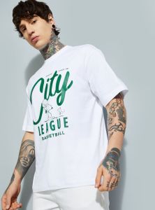 Mens White and Green Cotton Round Neck Printed T-Shirt