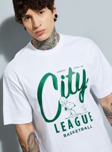 Mens White and Green Cotton Round Neck Printed T-Shirt