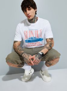 Mens White Burnout Pritned Cotton Round Neck T-Shirt